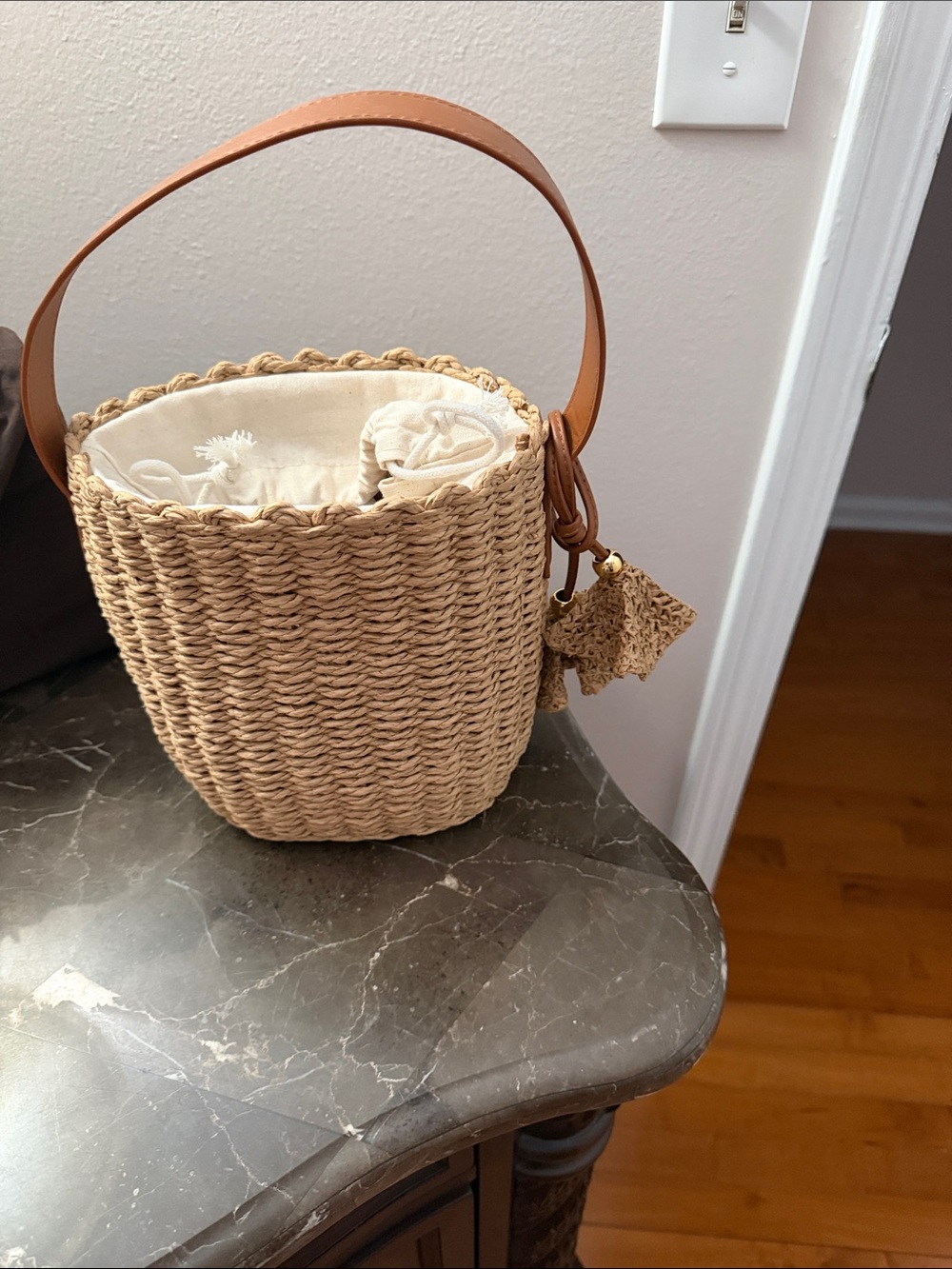 Woven Straw Tote with Tan Leather Handle - Natural